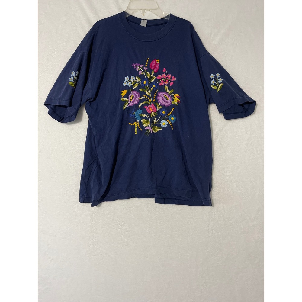 Vintage Navy Blue Floral Embroidered Short Sleeve T-Shirt Crew Neck Boho Tee Lg